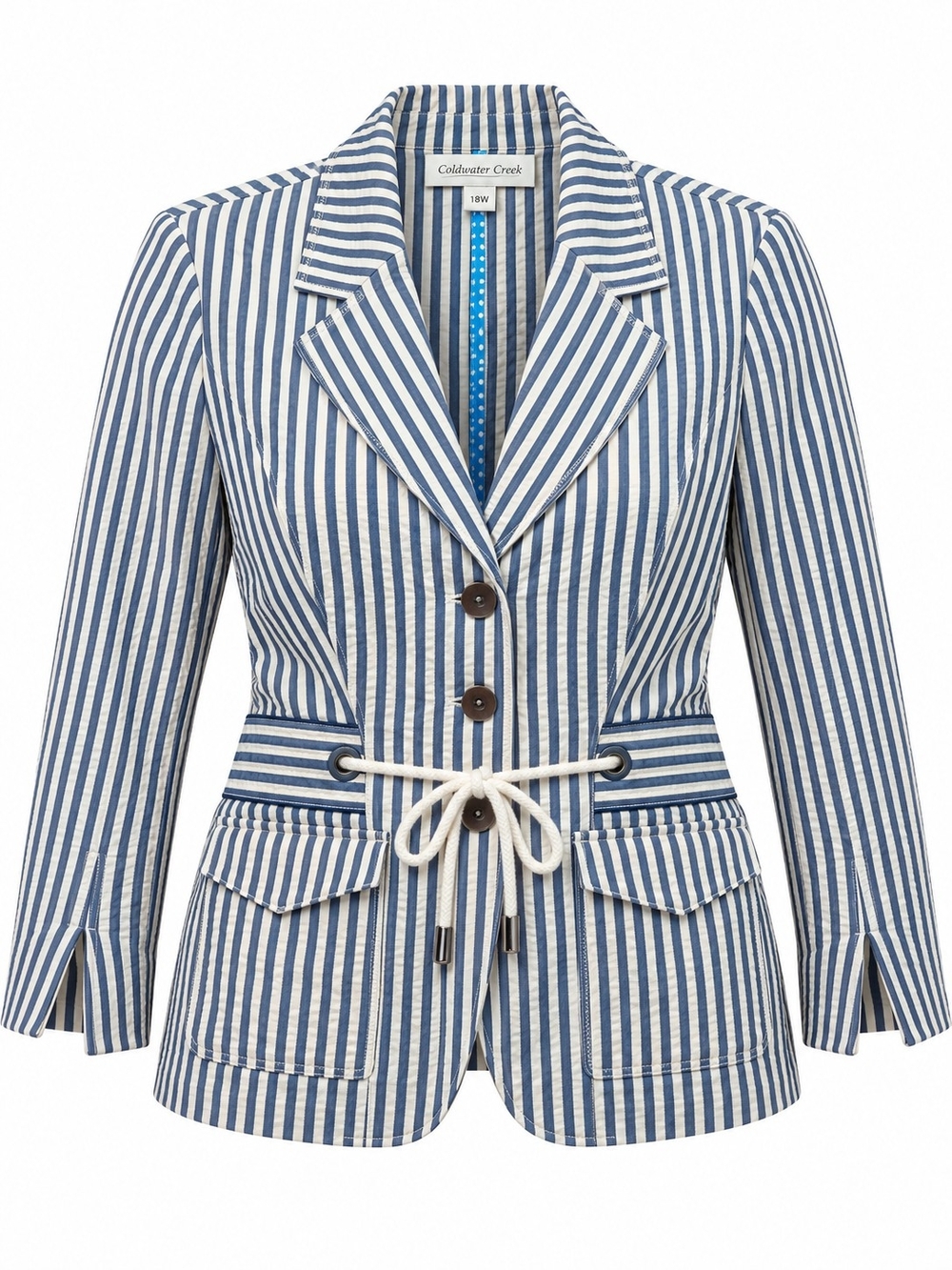 COLDWATER CREEK | Blue Cream Cotton Seersucker Nautical Rope Blazer Jacket | 18W
